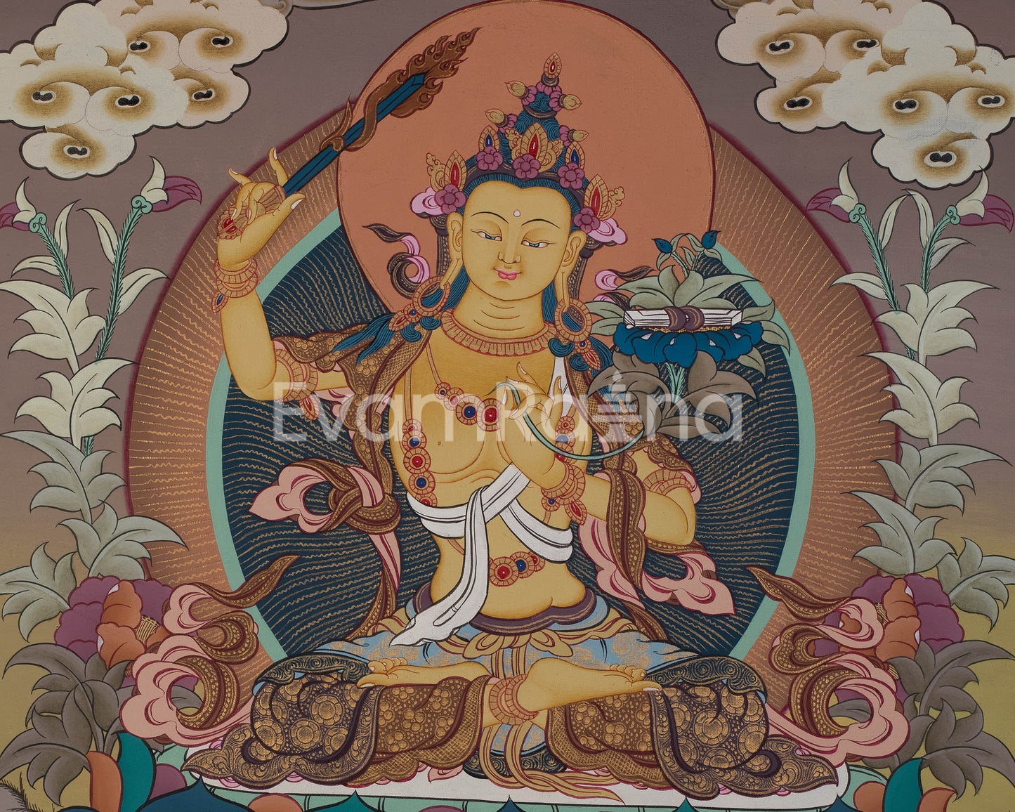 Manjushri Thangka | Tibetan Bodhisattva with Flaming Sword of Wisdom