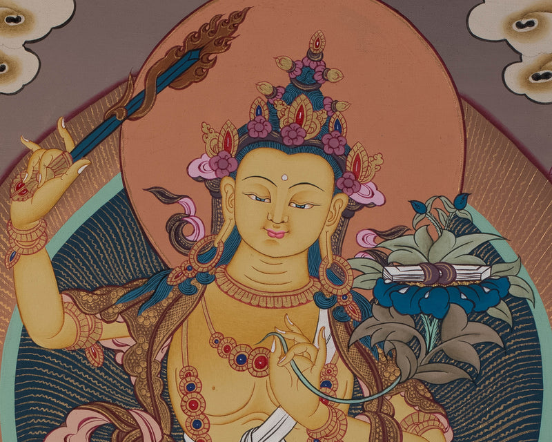 Manjushri Thangka | Tibetan Bodhisattva with Flaming Sword of Wisdom