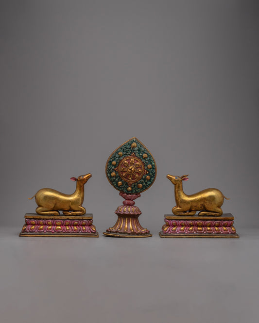 Buddhist Dharma Wheel and Deer set