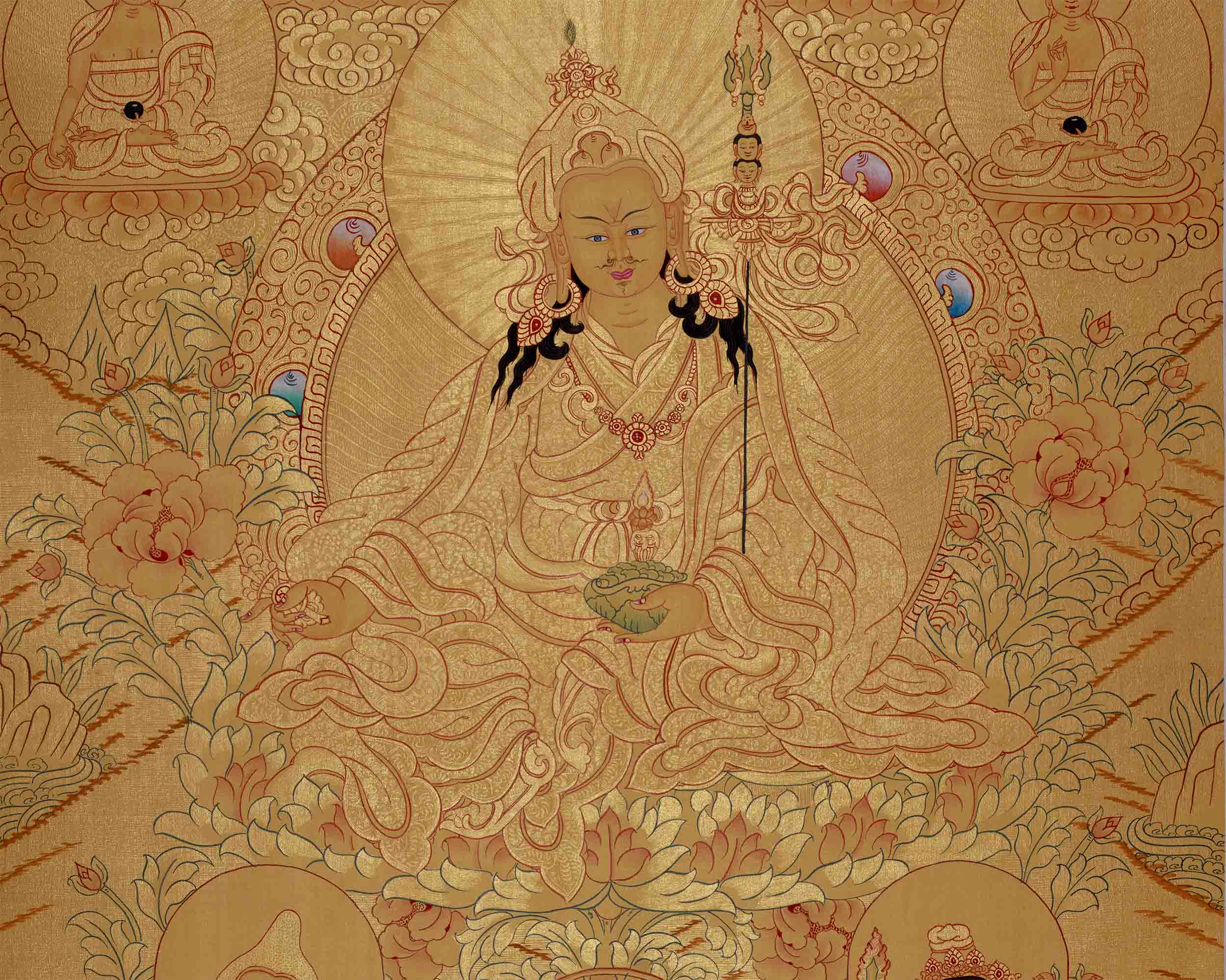 Full Gold Guru Rinpoche Thangka Painting | Hand-Painted Tibetan Buddhist Arts