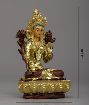 Handcrafted Green Tara Puja Statue | Buddhist Gold Plated Sculpture