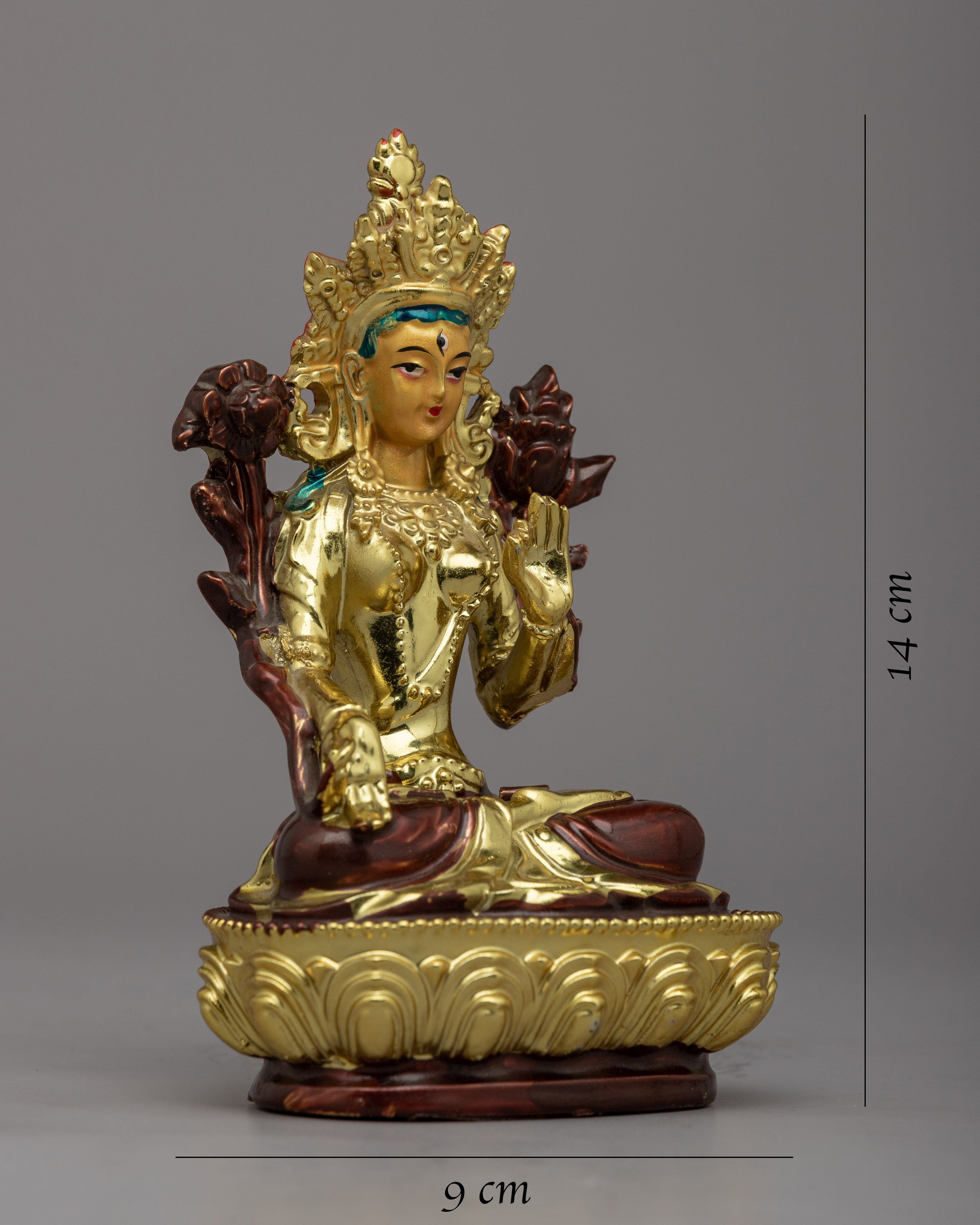 Handcrafted Green Tara Puja Statue | Buddhist Gold Plated Sculpture