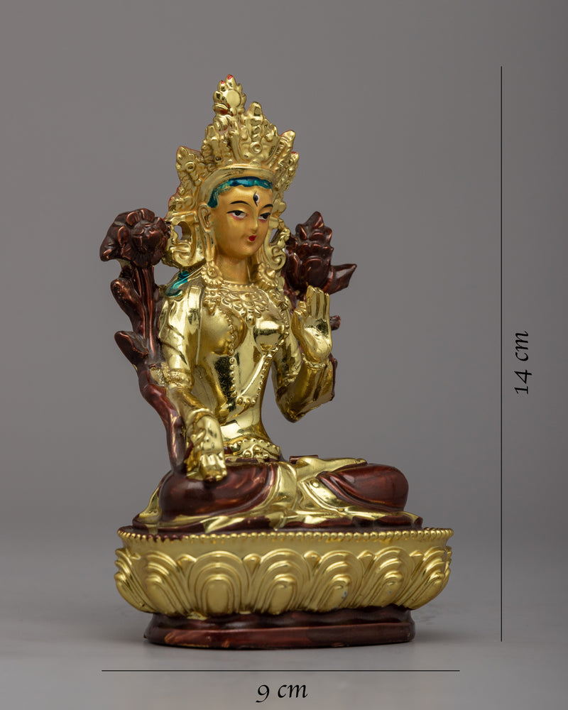 Handcrafted Green Tara Puja Statue | Buddhist Gold Plated Sculpture