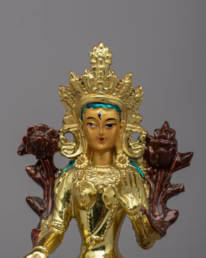 Handcrafted Green Tara Puja Statue | Buddhist Gold Plated Sculpture