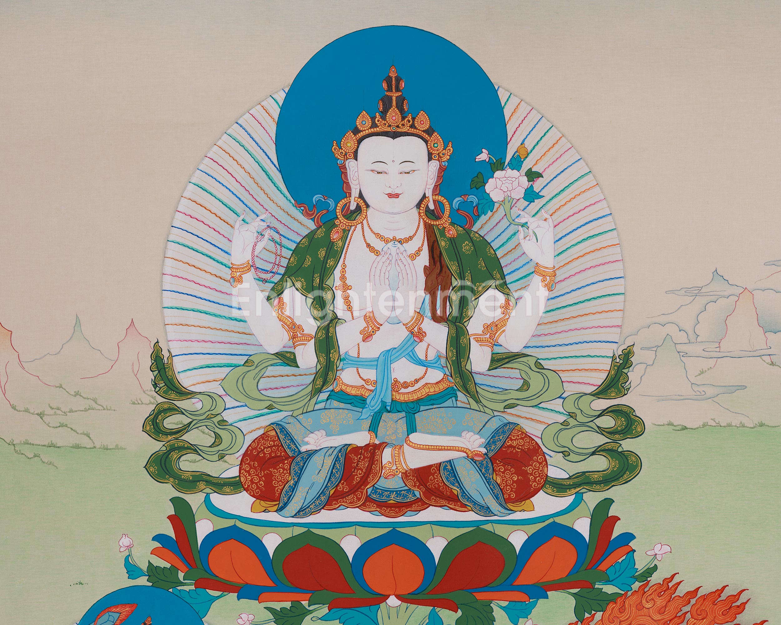Chenrezig With Great Bodhisattvas Thangka | Wisdom Deity Manjushri | Vajrapani Art