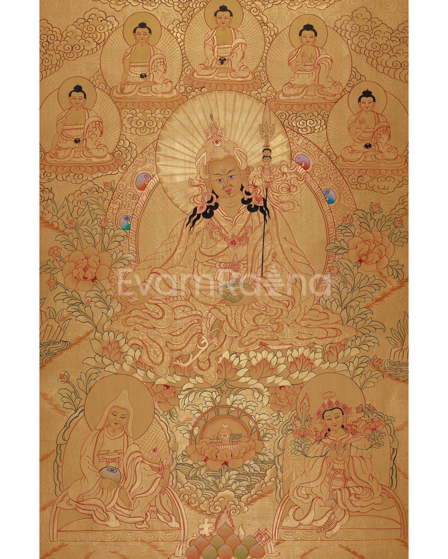 Full Gold Guru Rinpoche Thangka Painting | Hand-Painted Tibetan Buddhist Arts