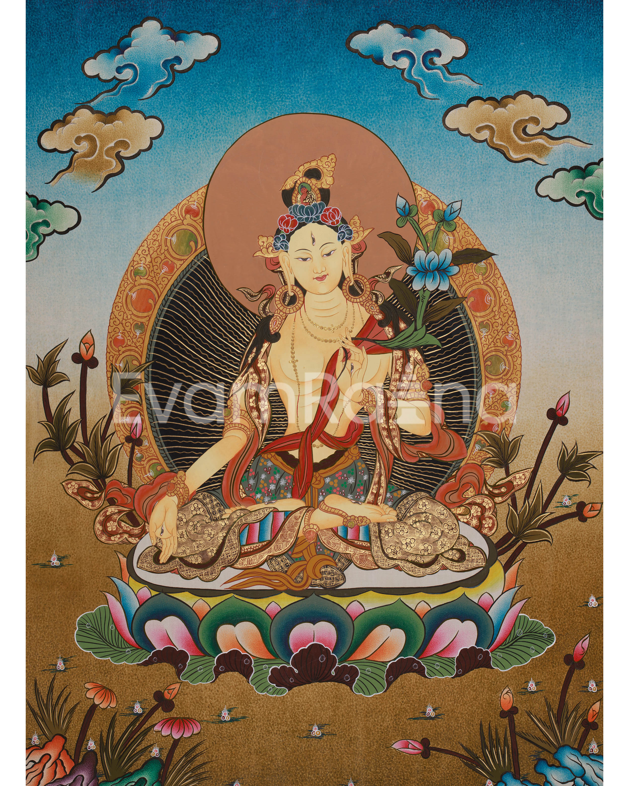 Buddhist Goddess Tara White Thangka | Divine Feminine