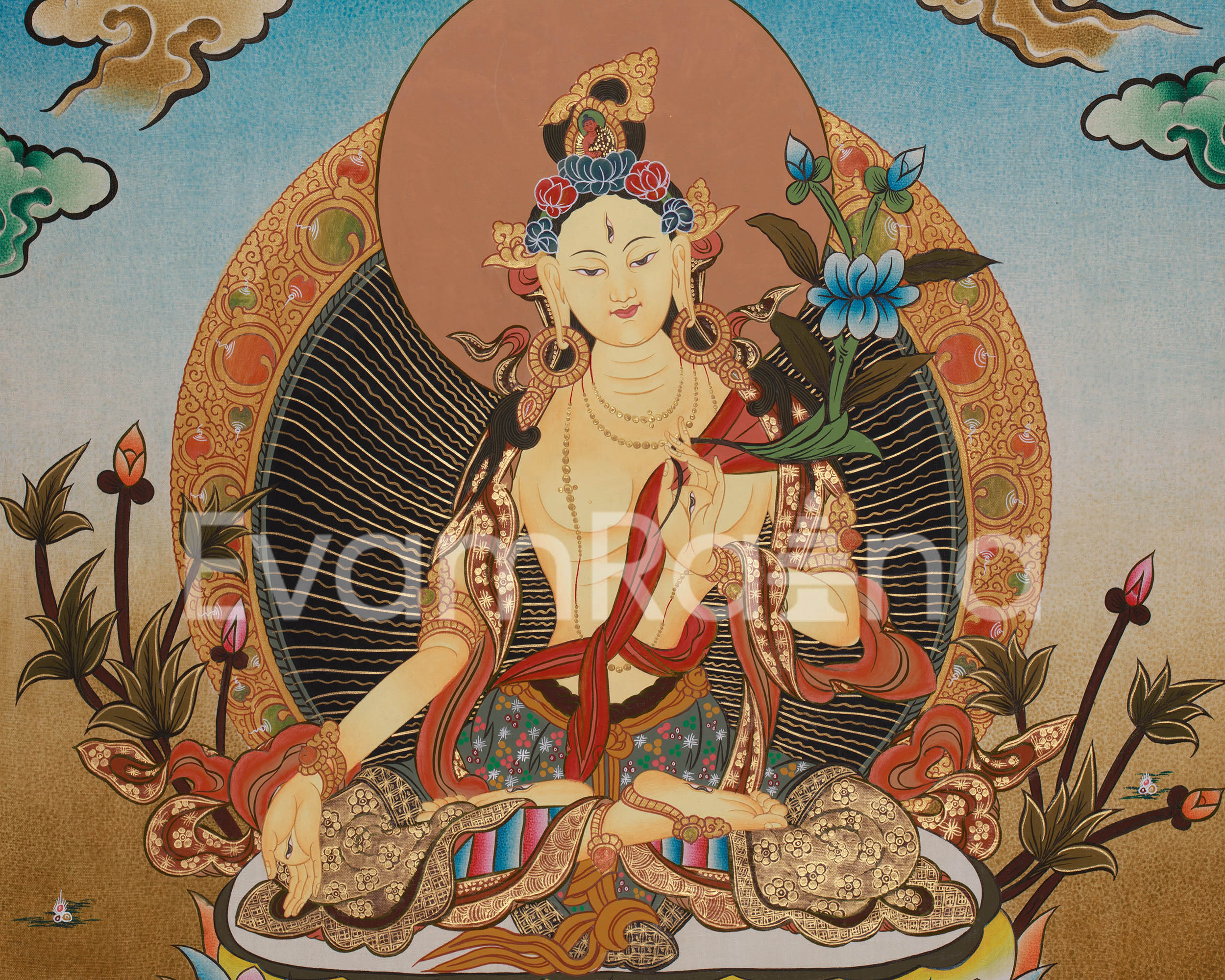 Buddhist Goddess Tara White Thangka | Divine Feminine