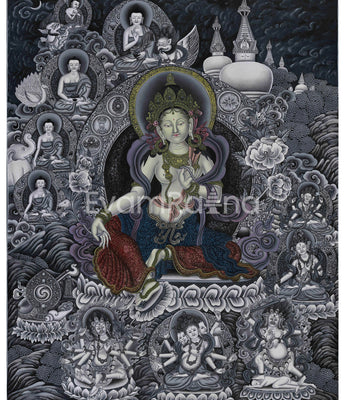 Goddess Green Tara Digital Print | Monochromatic Giclée on Cotton Canvas