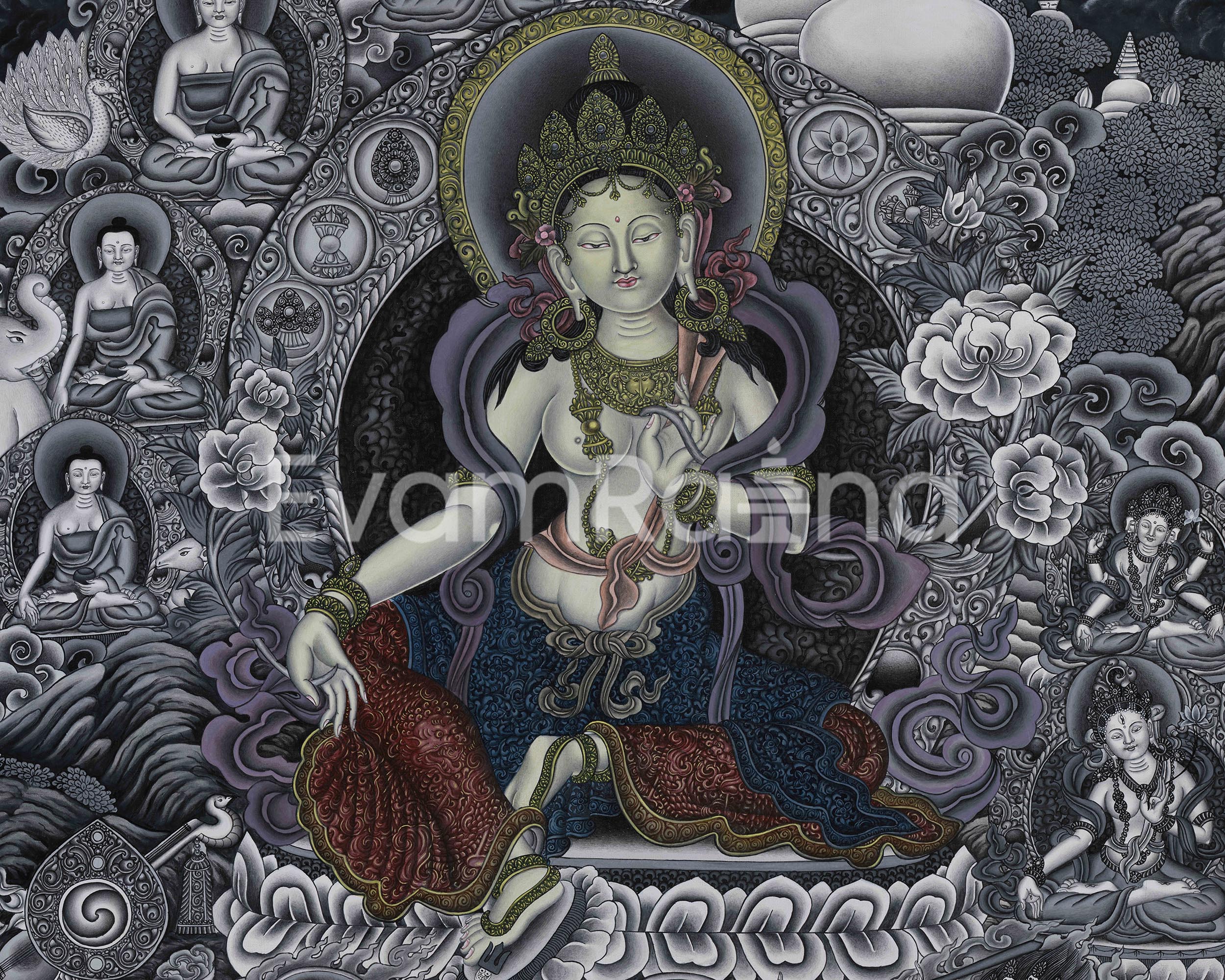 Goddess Green Tara Digital Print | Monochromatic Giclée on Cotton Canvas
