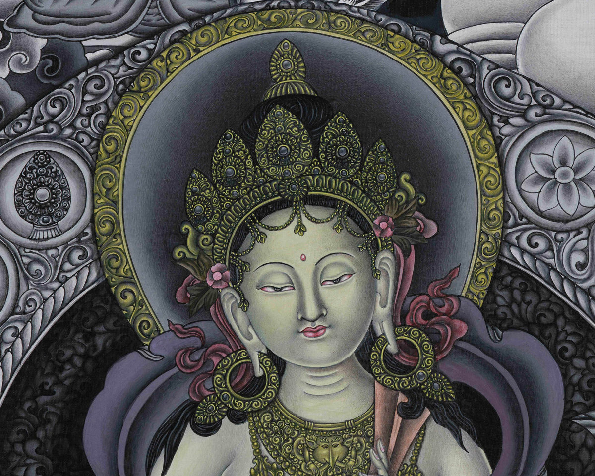 Goddess Green Tara Digital Print | Monochromatic Giclée on Cotton Canvas