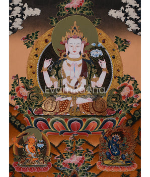 Hand-Painted Four Armed Chengrezig with Manjushri and Vajrapani | Tibetan Bodhisattva