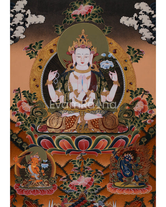 Hand-Painted Four Armed Chengrezig with Manjushri and Vajrapani | Tibetan Bodhisattva