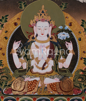 Hand-Painted Four Armed Chengrezig with Manjushri and Vajrapani | Tibetan Bodhisattva