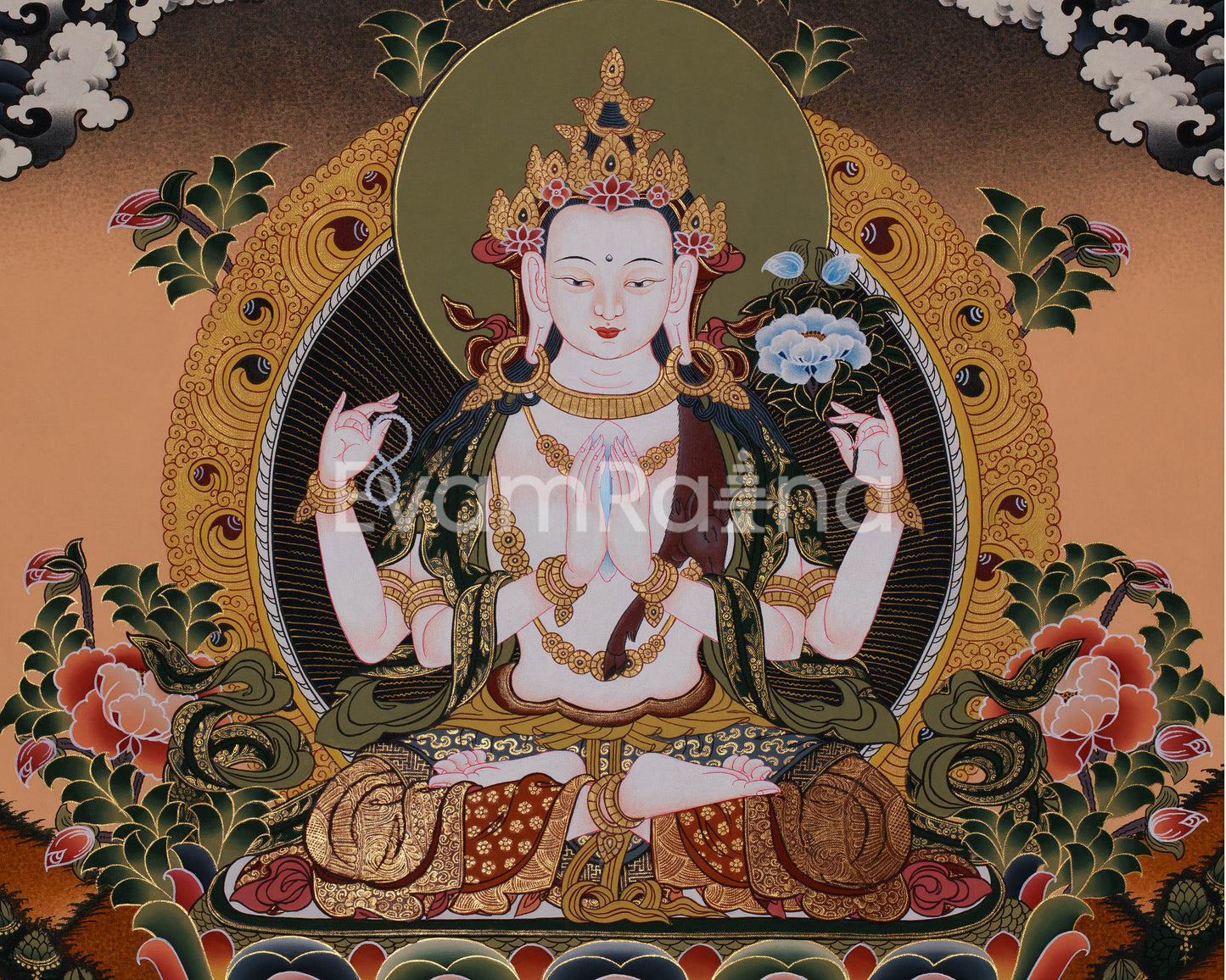 Hand-Painted Four Armed Chengrezig with Manjushri and Vajrapani | Tibetan Bodhisattva