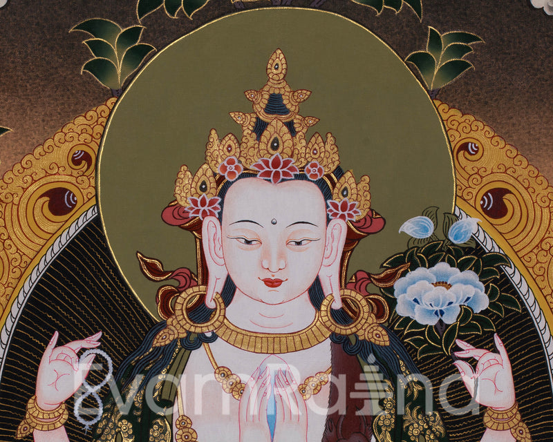 Hand-Painted Four Armed Chengrezig with Manjushri and Vajrapani | Tibetan Bodhisattva