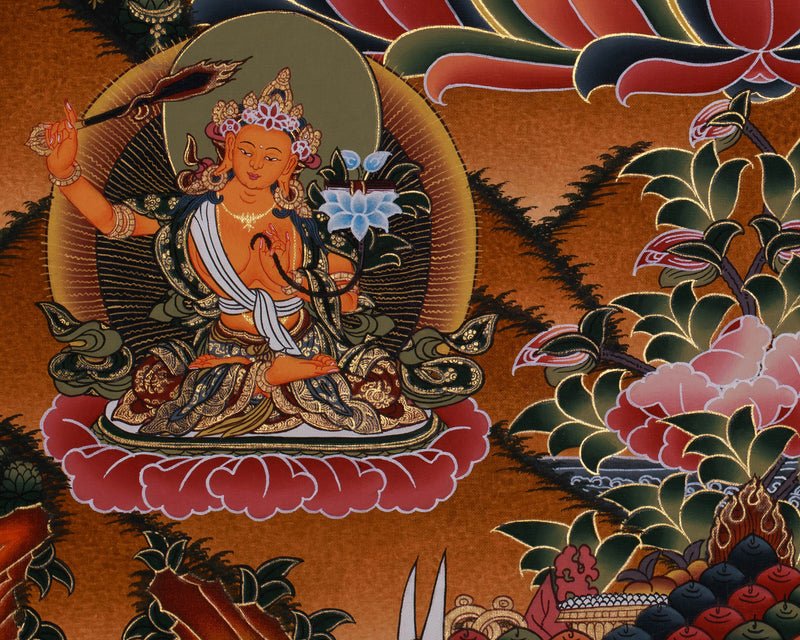 Hand-Painted Four Armed Chengrezig with Manjushri and Vajrapani | Tibetan Bodhisattva