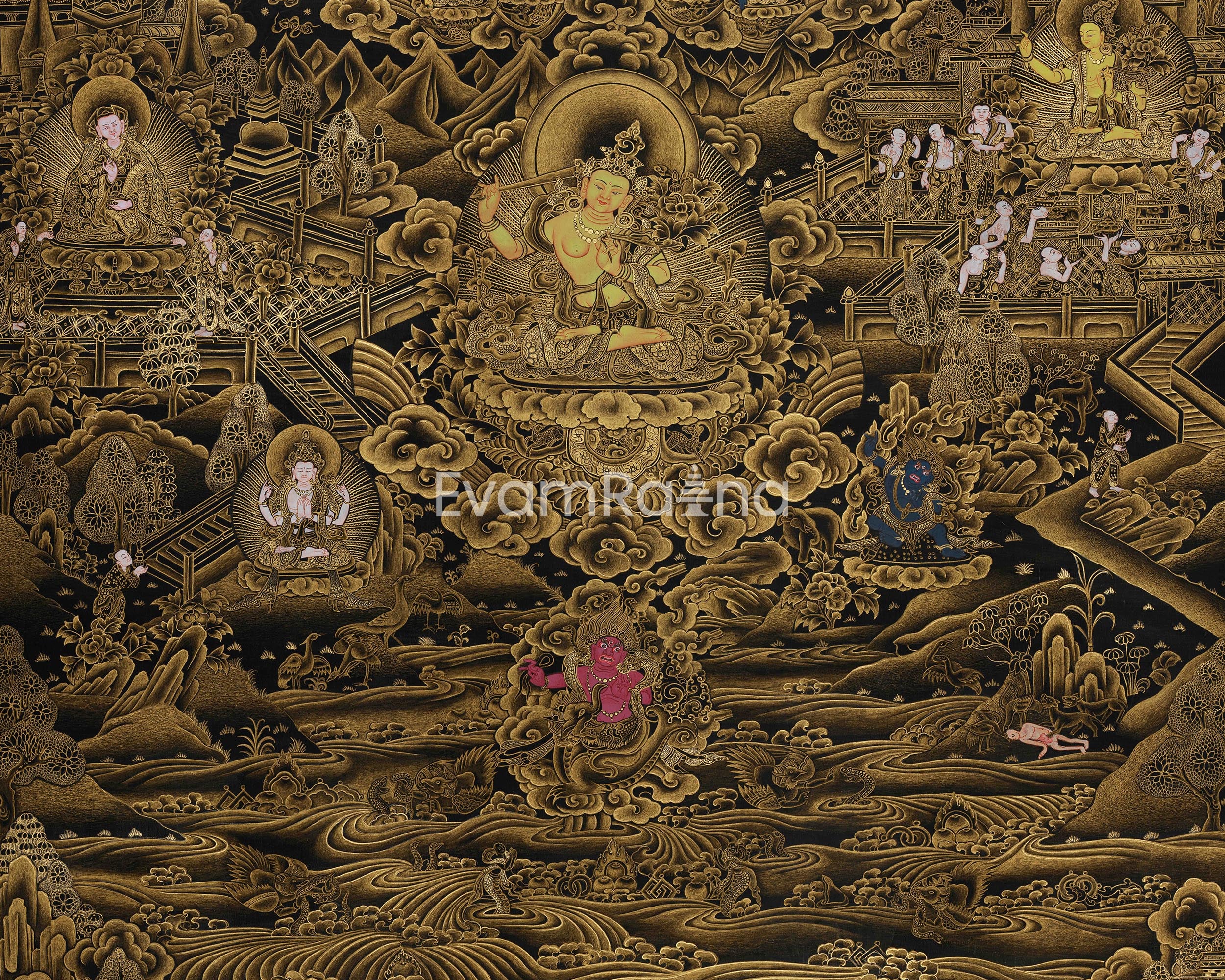 Golden-Hued Vajrayana Buddhist Manjushri Print | Wisdom Deity Wall Art for Altar