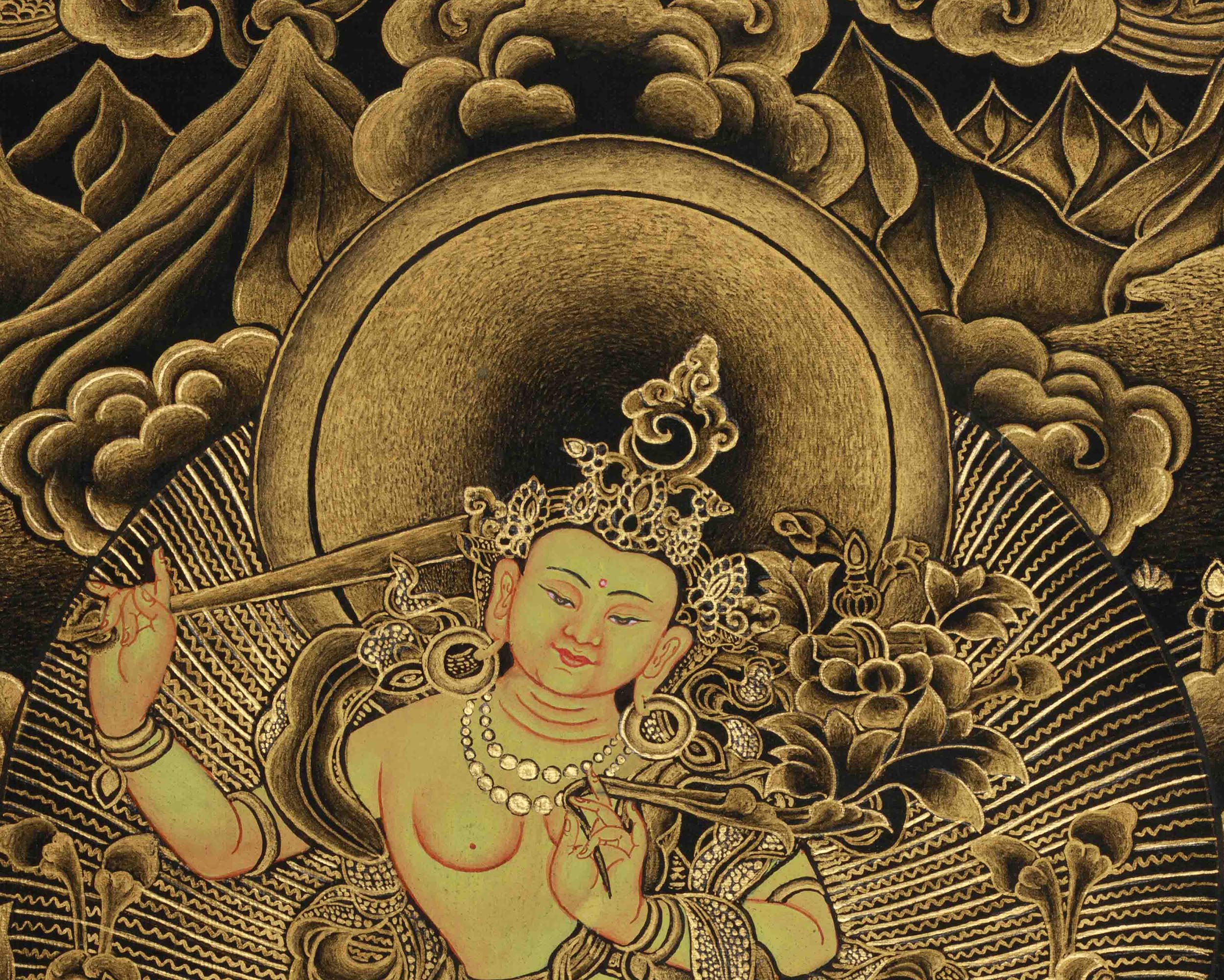 Golden-Hued Vajrayana Buddhist Manjushri Print | Wisdom Deity Wall Art for Altar