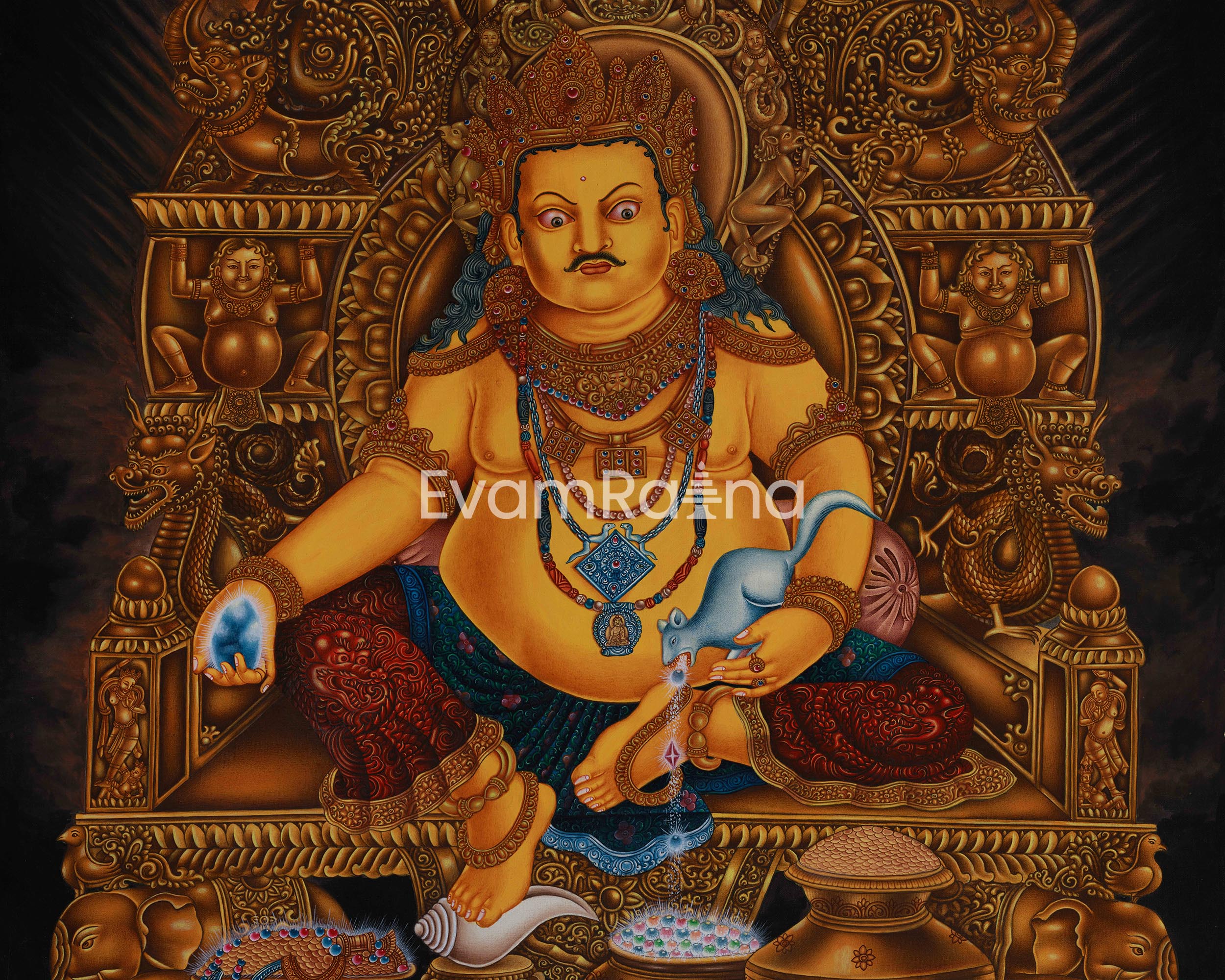 Realistic Portrayal of Jambhala Canvas Print | Kubera Giclée Art for Wealth and Protection