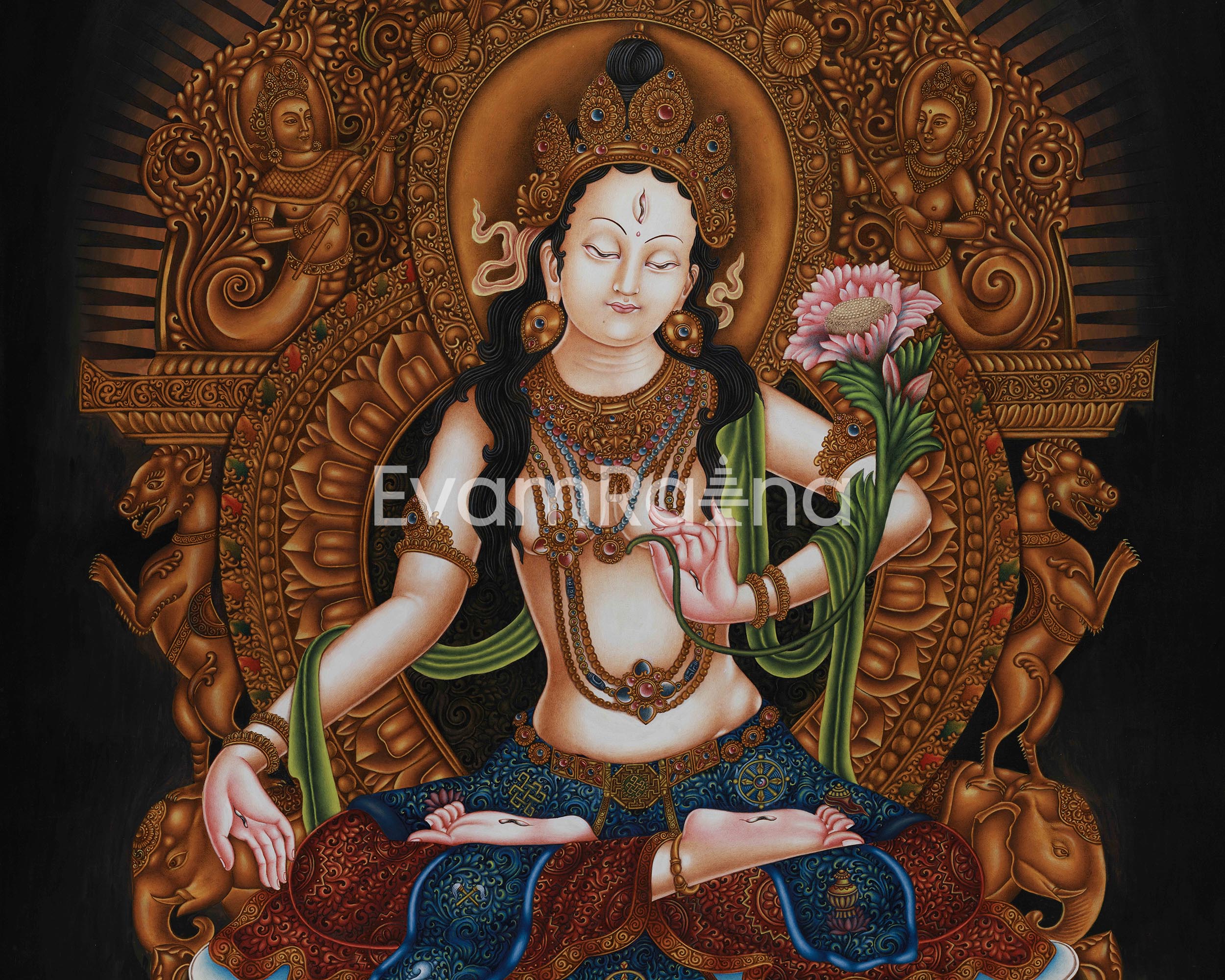 White Tara on Majestic Throne | Giclée Canvas Print of the Goddess of Longevity