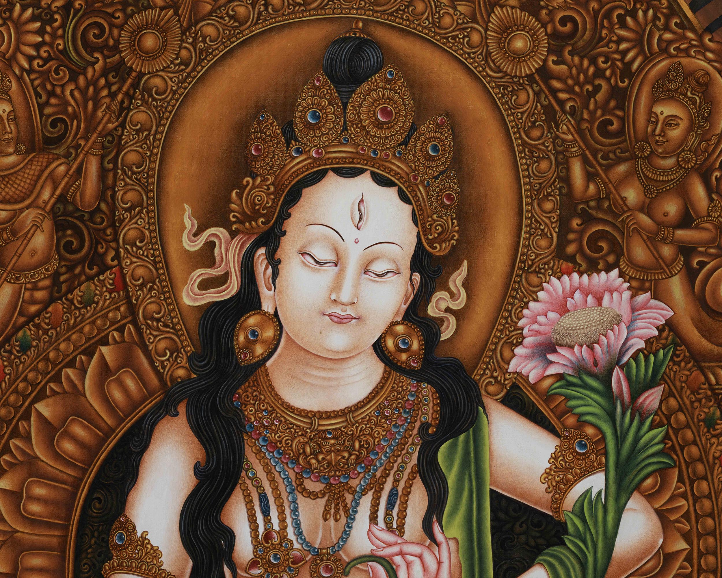 White Tara on Majestic Throne | Giclée Canvas Print of the Goddess of Longevity