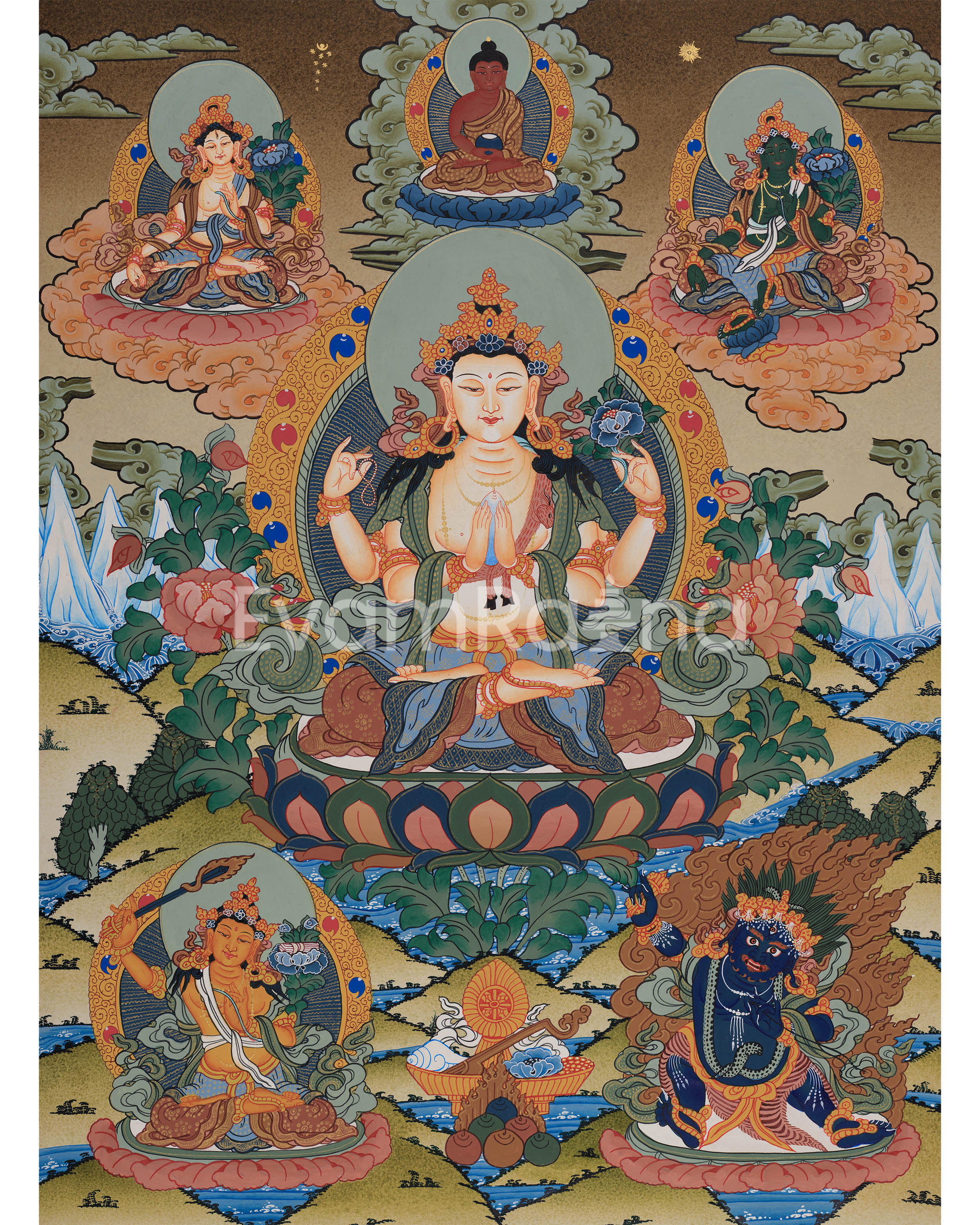 Avalokiteshvara Thangka with Buddhas and Bodhisattvas