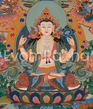 Avalokiteshvara Thangka with Buddhas and Bodhisattvas | Hand-Painted Himalayan Art