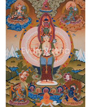 1000-Armed Avalokiteshvara Flanked Tara, Amitabha Buddha, Manjushri, and Vajrapani 