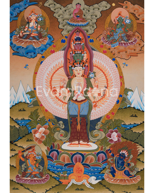 1000-Armed Avalokiteshvara Flanked Tara, Amitabha Buddha, Manjushri, and Vajrapani 