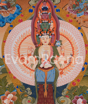 1000-Armed Avalokiteshvara Flanked Tara, Amitabha Buddha, Manjushri, and Vajrapani | Bodhisattva Chenrezig Artwork