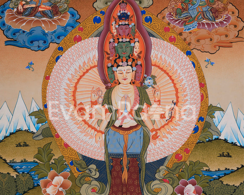 1000-Armed Avalokiteshvara Flanked Tara, Amitabha Buddha, Manjushri, and Vajrapani | Bodhisattva Chenrezig Artwork