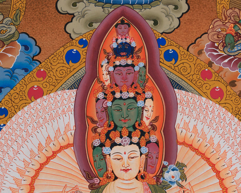 1000-Armed Avalokiteshvara Flanked Tara, Amitabha Buddha, Manjushri, and Vajrapani | Bodhisattva Chenrezig Artwork