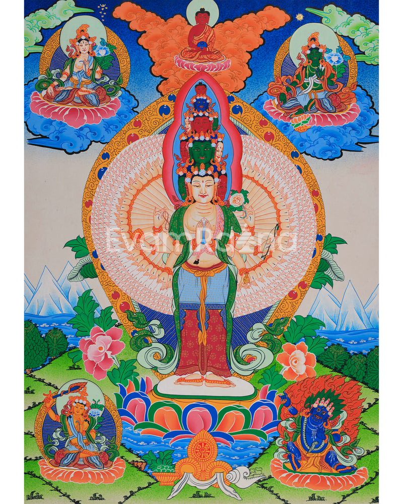 1000-Armed Avalokiteshvara Flanked Tara, Amitabha Buddha, Manjushri, and Vajrapani | Bodhisattva Chenrezig Artwork