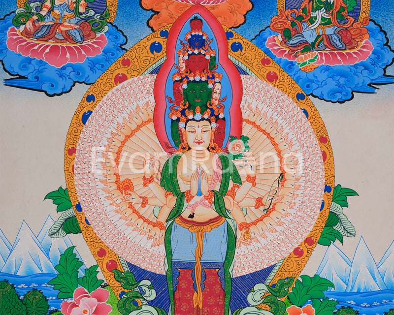 1000-Armed Avalokiteshvara Flanked Tara, Amitabha Buddha, Manjushri, and Vajrapani | Bodhisattva Chenrezig Artwork