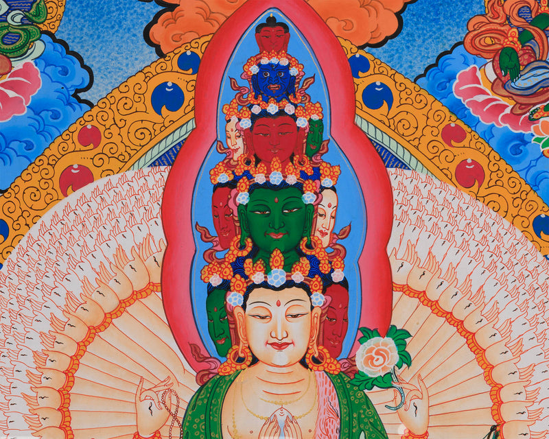 1000-Armed Avalokiteshvara Flanked Tara, Amitabha Buddha, Manjushri, and Vajrapani | Bodhisattva Chenrezig Artwork