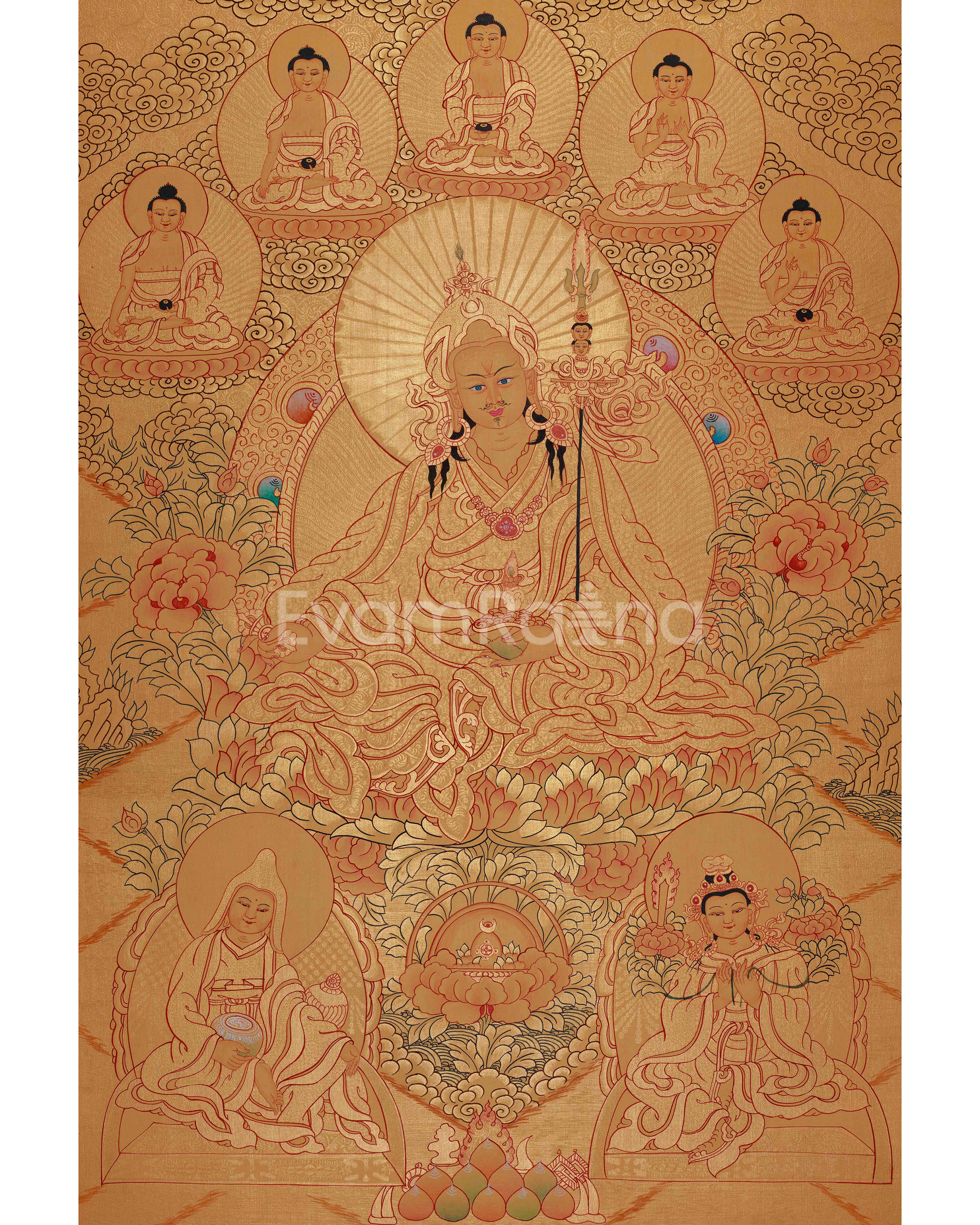 Full Gold Guru Rinpoche Thangka Painting | Hand-Painted Tibetan Buddhist Arts