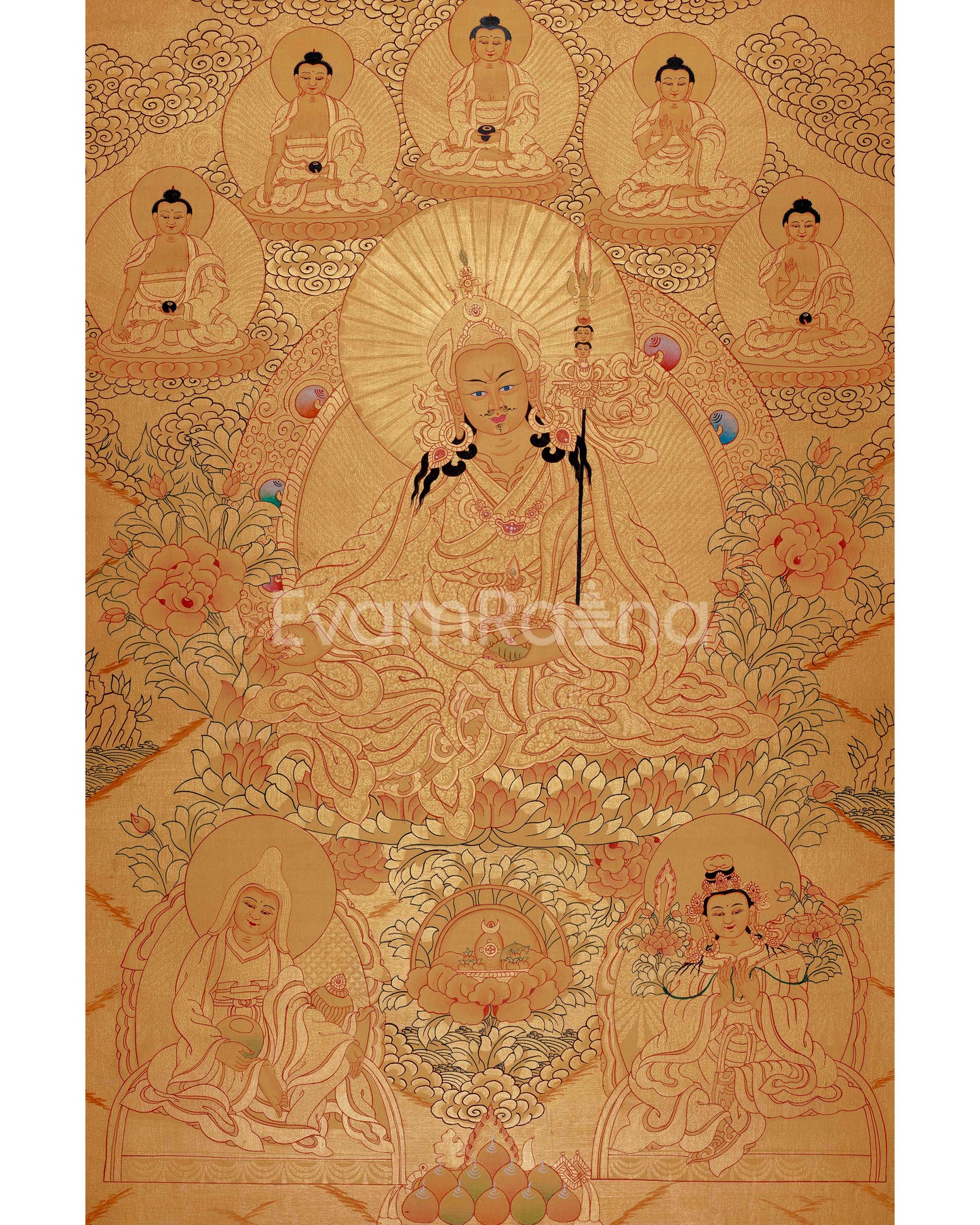 Full Gold Guru Rinpoche Thangka Painting | Hand-Painted Tibetan Buddhist Arts