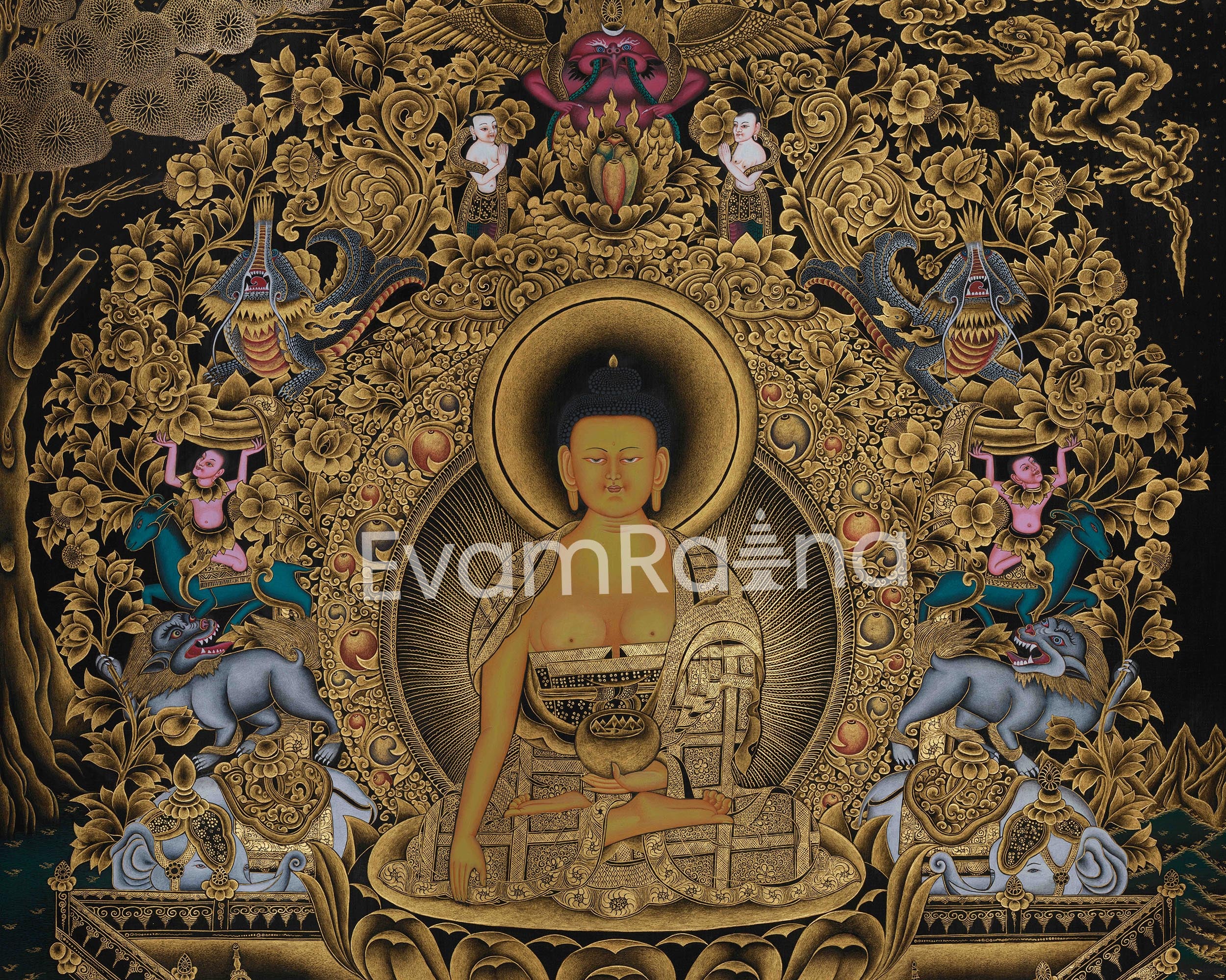 Founder of Buddhism, Siddhartha Gautama | Gold on Black Canvas | Giclée Print of the Buddha