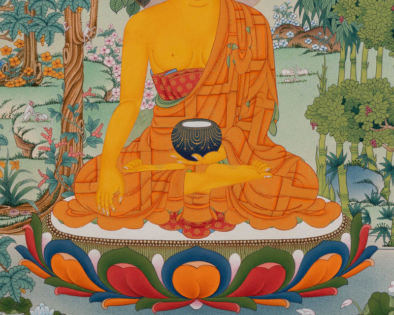 Meditating Shakyamuni Buddha in Jungle, Thangka Painting