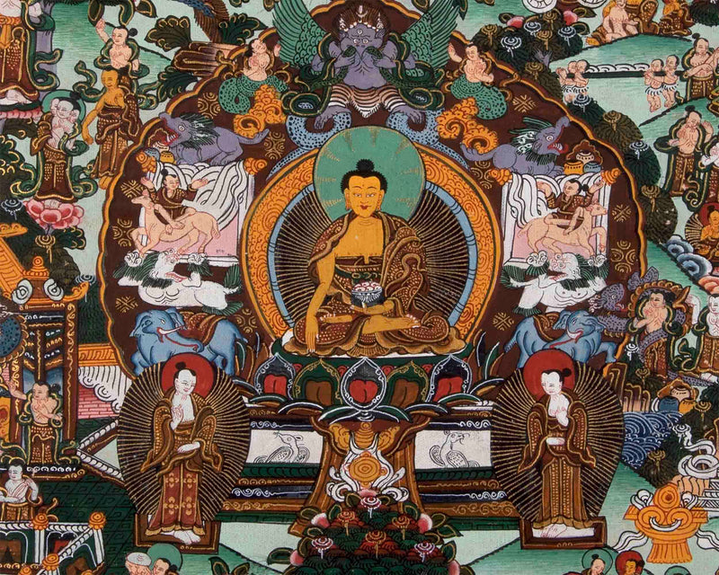 Vintage Buddha Life Story Thangka With Brocade