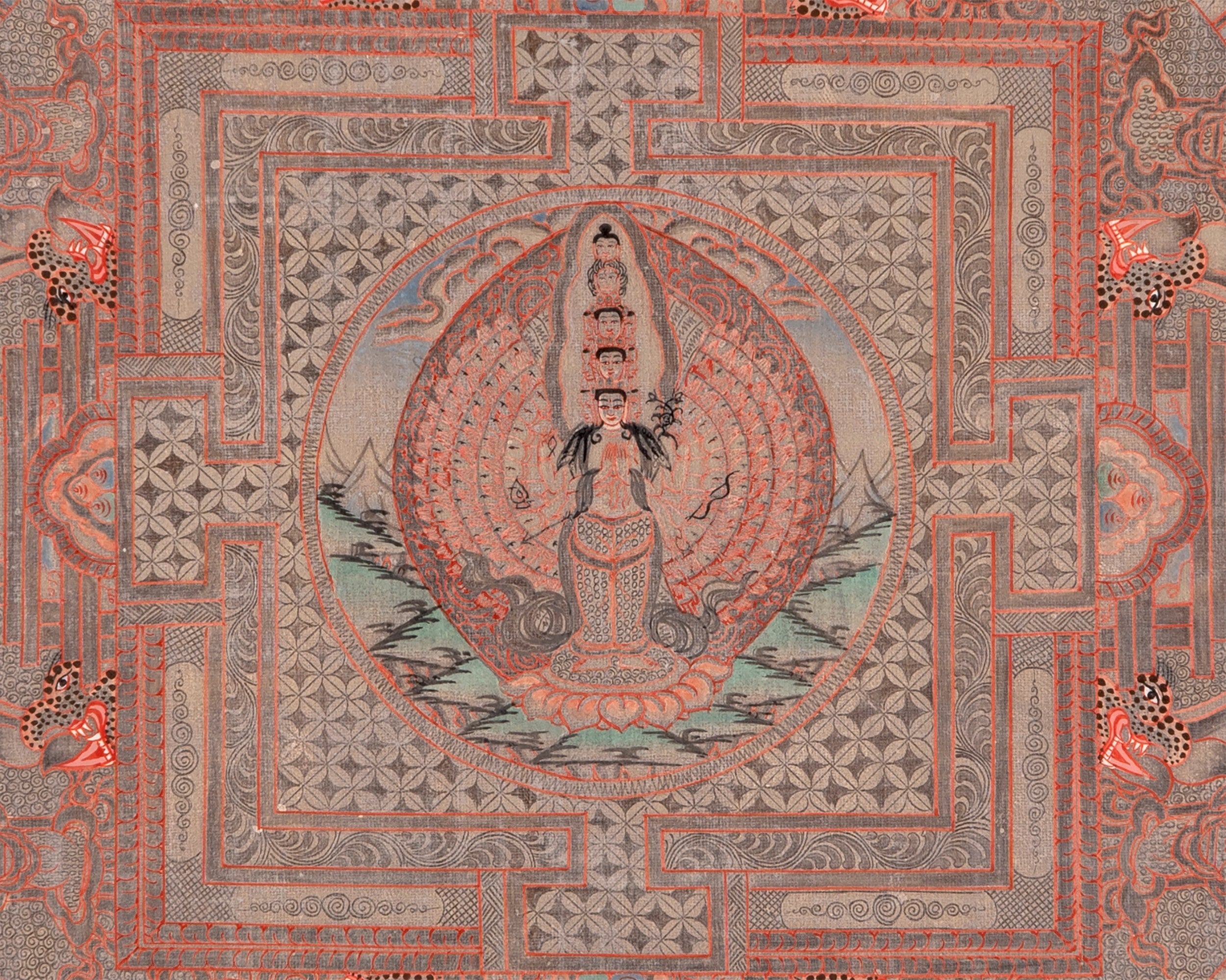 Silver Lokeshvara Mandala with Brocade | Tibetan Chenrezig Wall Hanging