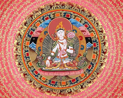 White Tara Mantra Mandala Thangka | Sacred Thangka Painting