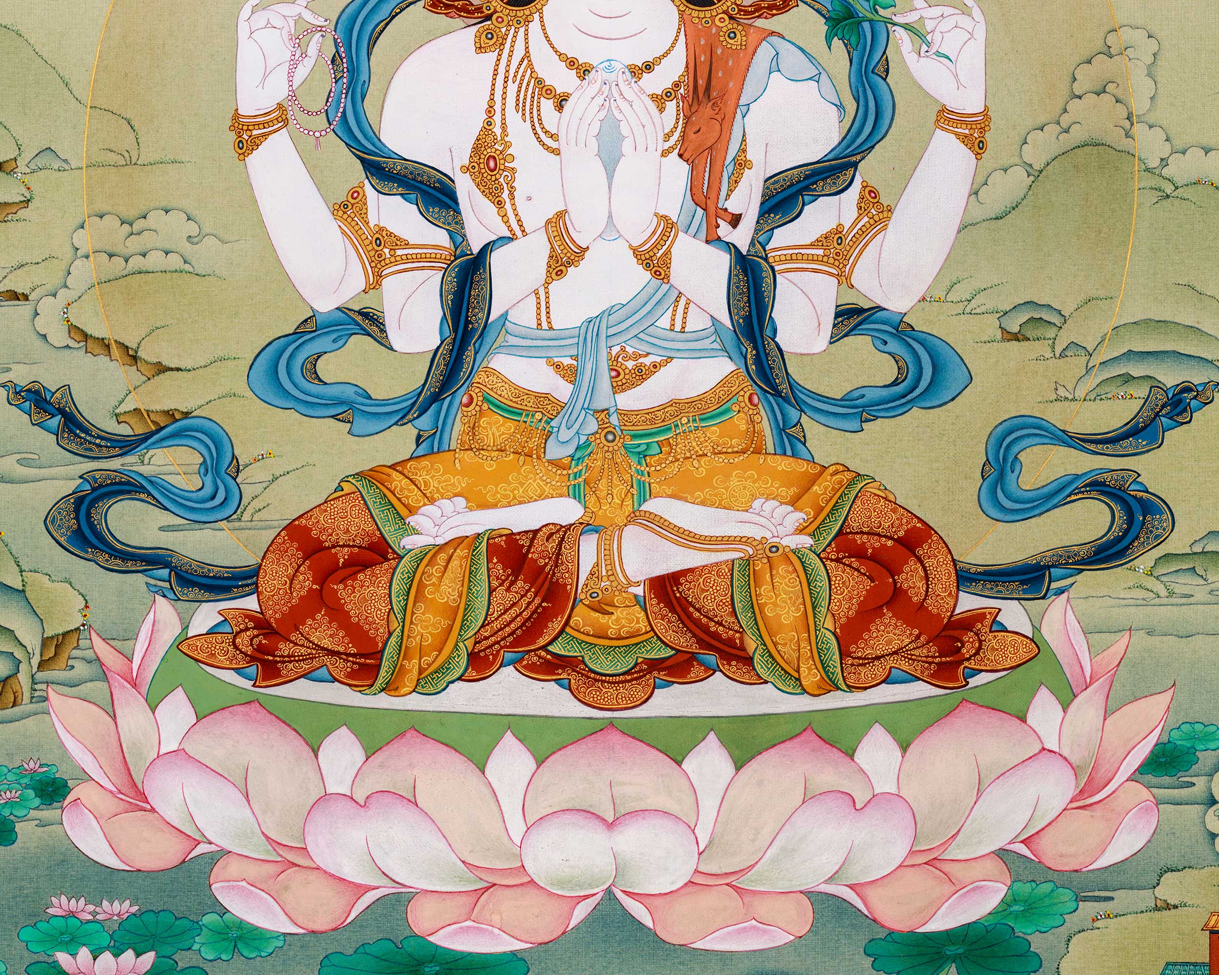 Compassion Buddha Avalokiteshvara Thangka | Authentic Stone Colors from Lhasa, Tibet