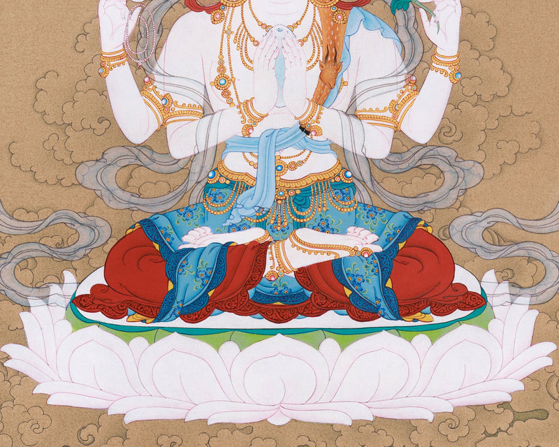 Serene Avalokiteshvara Thangka | Hand-Painted Four Armed Chenrezig Art