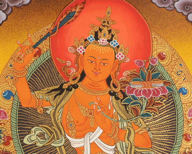 Original Hand Painted Manjushri Bodhisattva Thangka with Brocade | Wall Decoration Painting