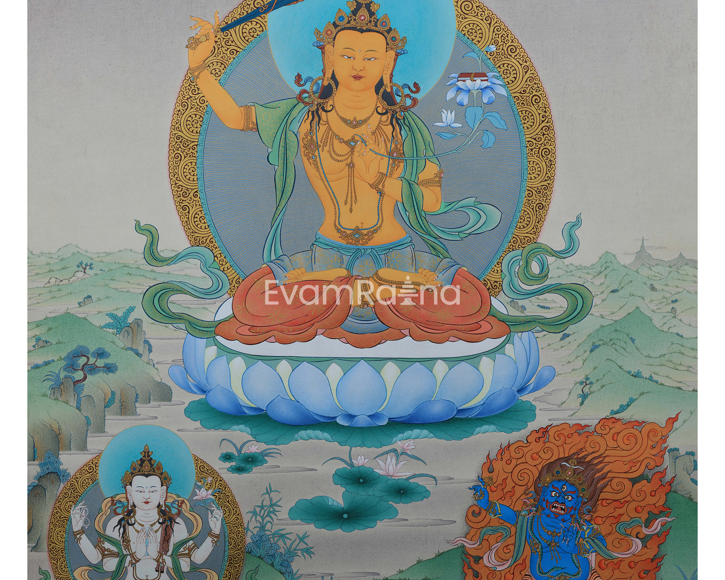 Buddhist Art: The Manjushri Thangka Print | Marvelous Manjushree Wall Decor | Tibetan Buddhism Art