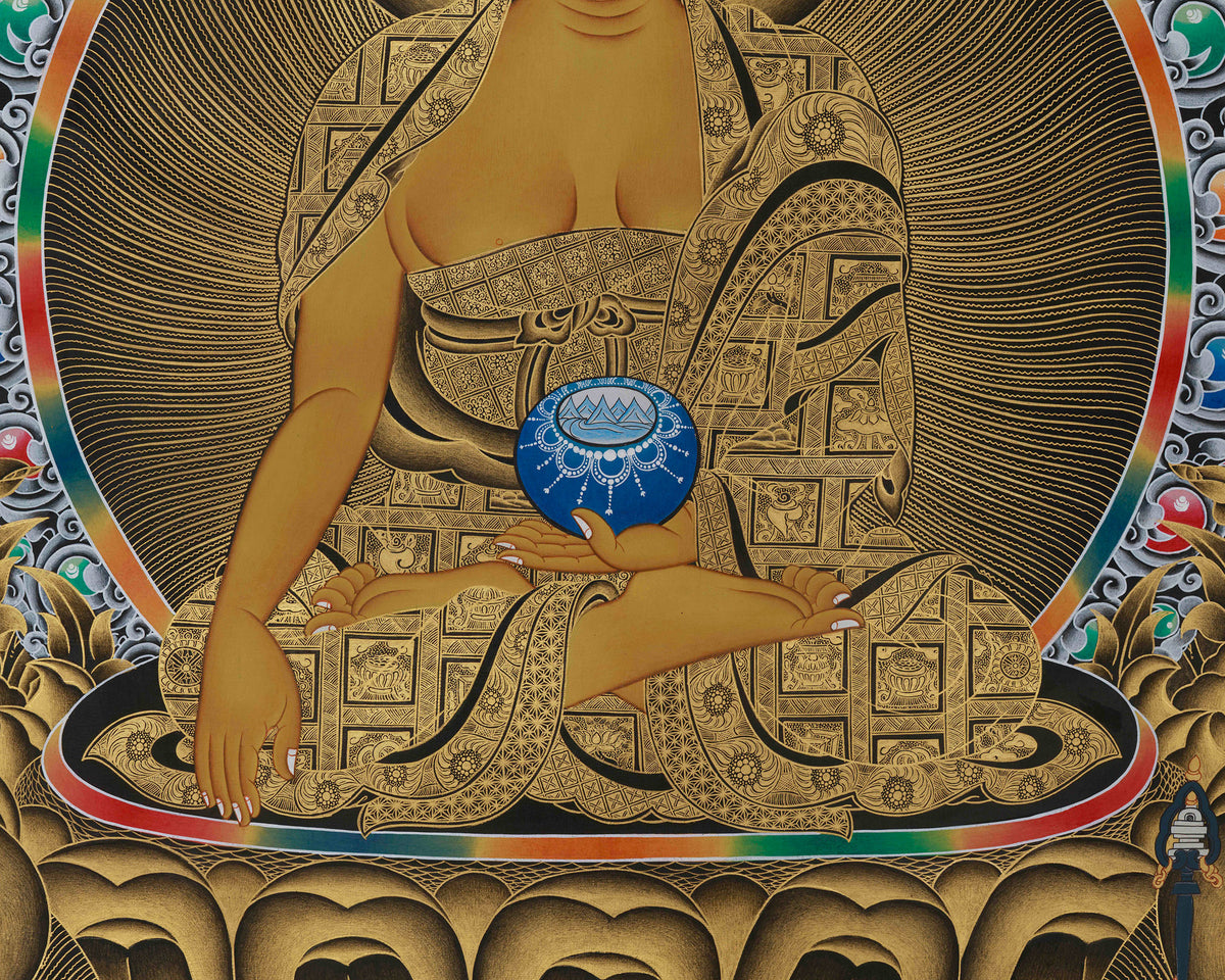 Gold Thangka of Shakyamuni Buddha | Five Dhyani Buddhas With Two Disciples