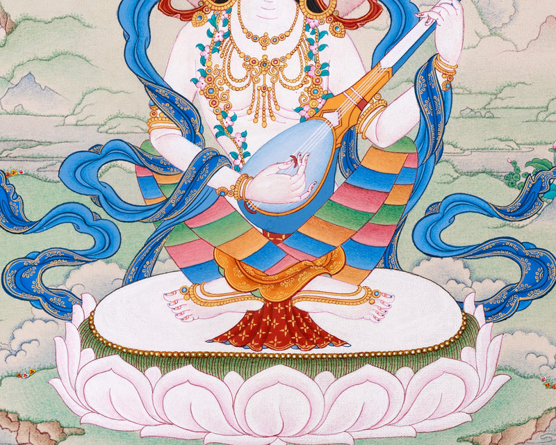 Saraswati Divine Grace Thangka | Hand-painted Goddess Art