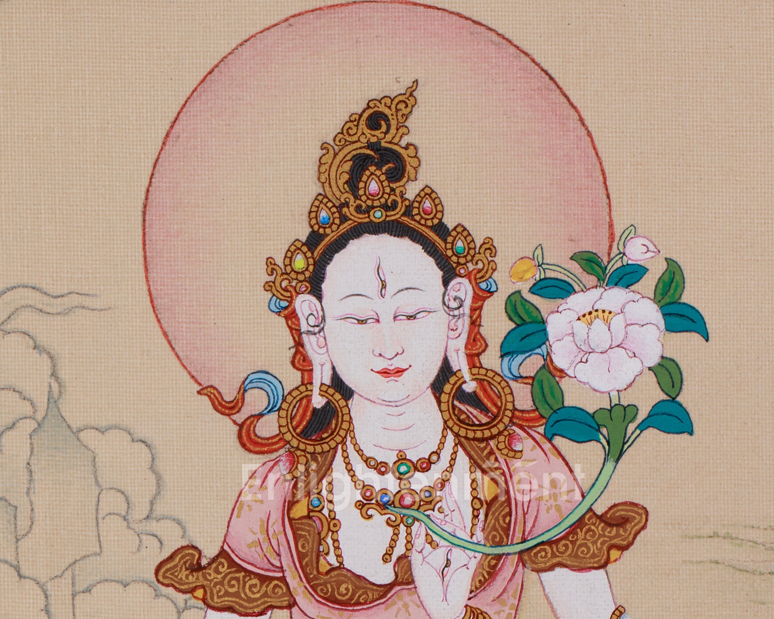 Hand Painted White Tara Art | Healing and Longevity Deity | Sita Tara With Brocade